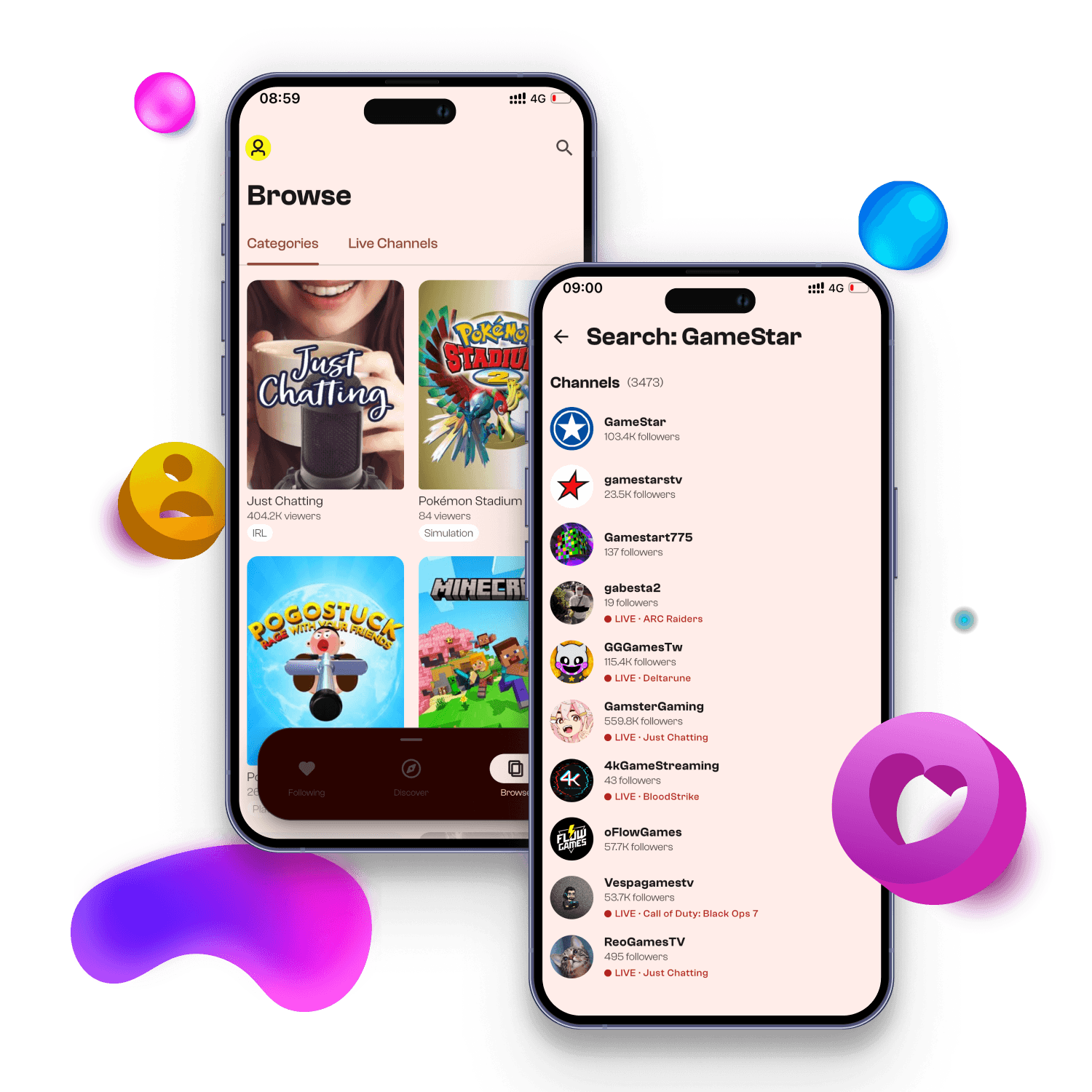TwiX followed Twitch streamers and live notification screen