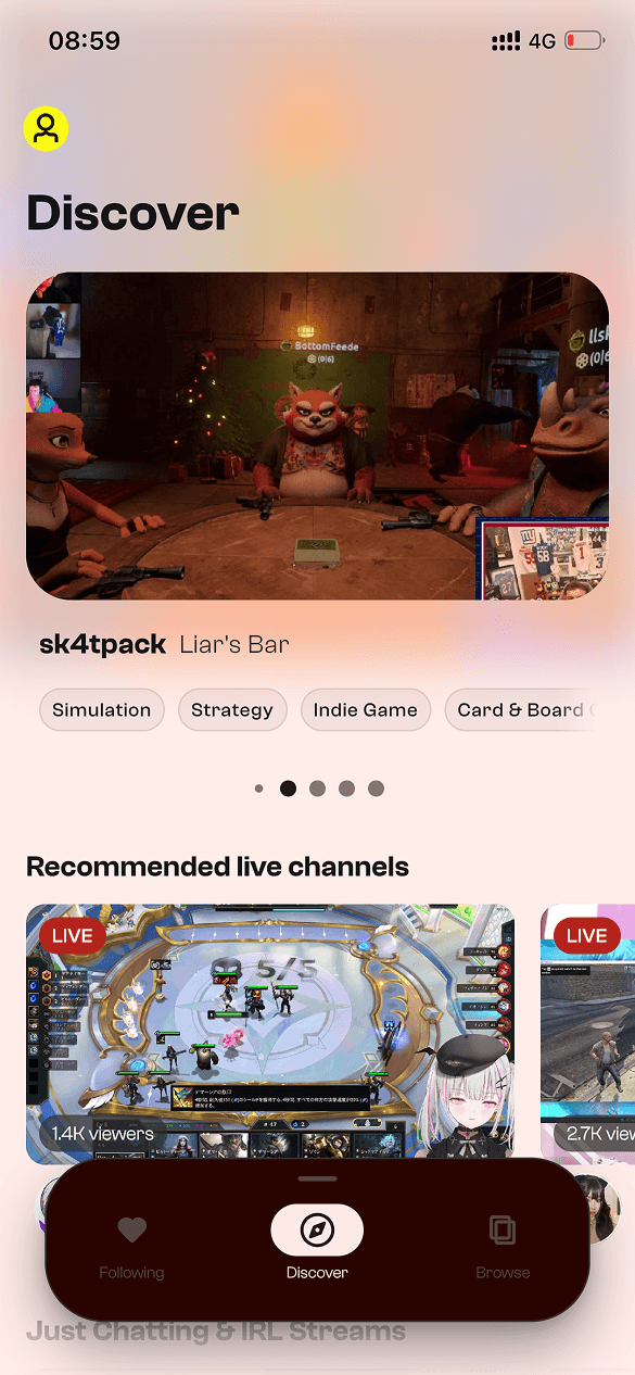 TwiX Twitch home feed with live channels