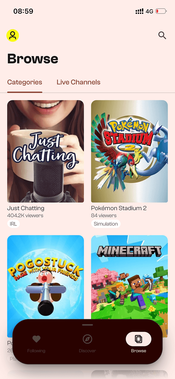 TwiX followed streamers and live categories